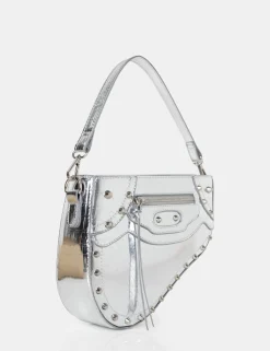 Public Desire The Fox Metallic Croc Studded Saddle Shoulder Bag | Women Crossbody And Shoulder Bags