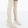 Public Desire Tianna Natural Linen Pointed Toe Over The Knee Stiletto Boots | Women Over The Knee Boots