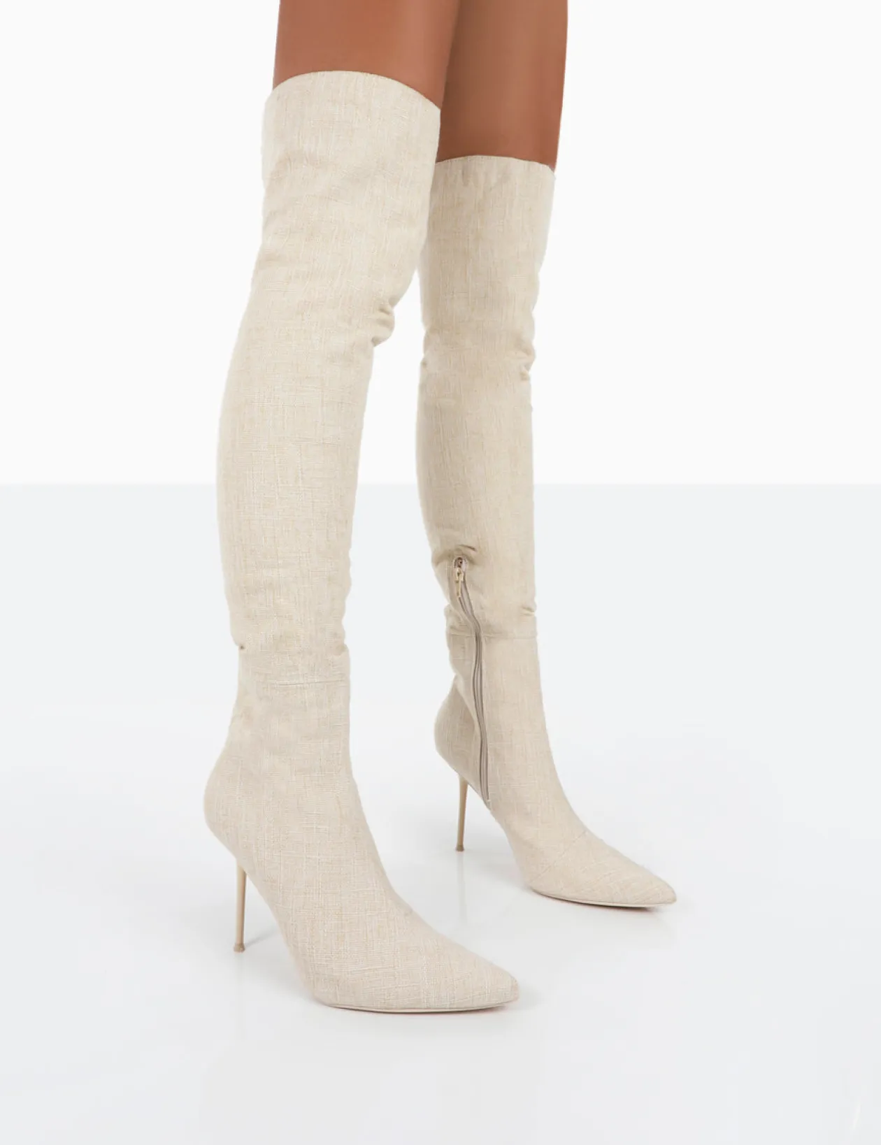 Public Desire Tianna Natural Linen Pointed Toe Over The Knee Stiletto Boots | Women Over The Knee Boots