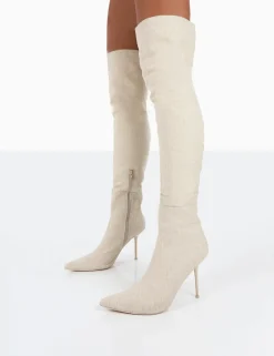 Public Desire Tianna Natural Linen Pointed Toe Over The Knee Stiletto Boots | Women Over The Knee Boots
