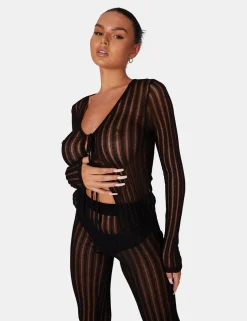 Public Desire Tie Front Ladder Stitch Long Sleeve Knitted Cardigan | Women Knitwear