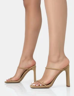 Public Desire True Camel Nylon Strappy Barely There Square Toe Flat Block Heels | Women Strappy Sandals
