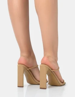 Public Desire True Camel Nylon Strappy Barely There Square Toe Flat Block Heels | Women Strappy Sandals