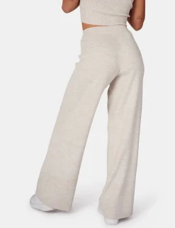 Public Desire V Front Low Waisted Wide Leg Knitted Trousers Oatmeal | Women Knitwear
