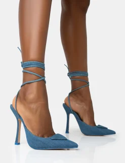 Public Desire Vada Denim Slingback Lace Up Pointed Toe Stiletto Heels | Women Court Heels