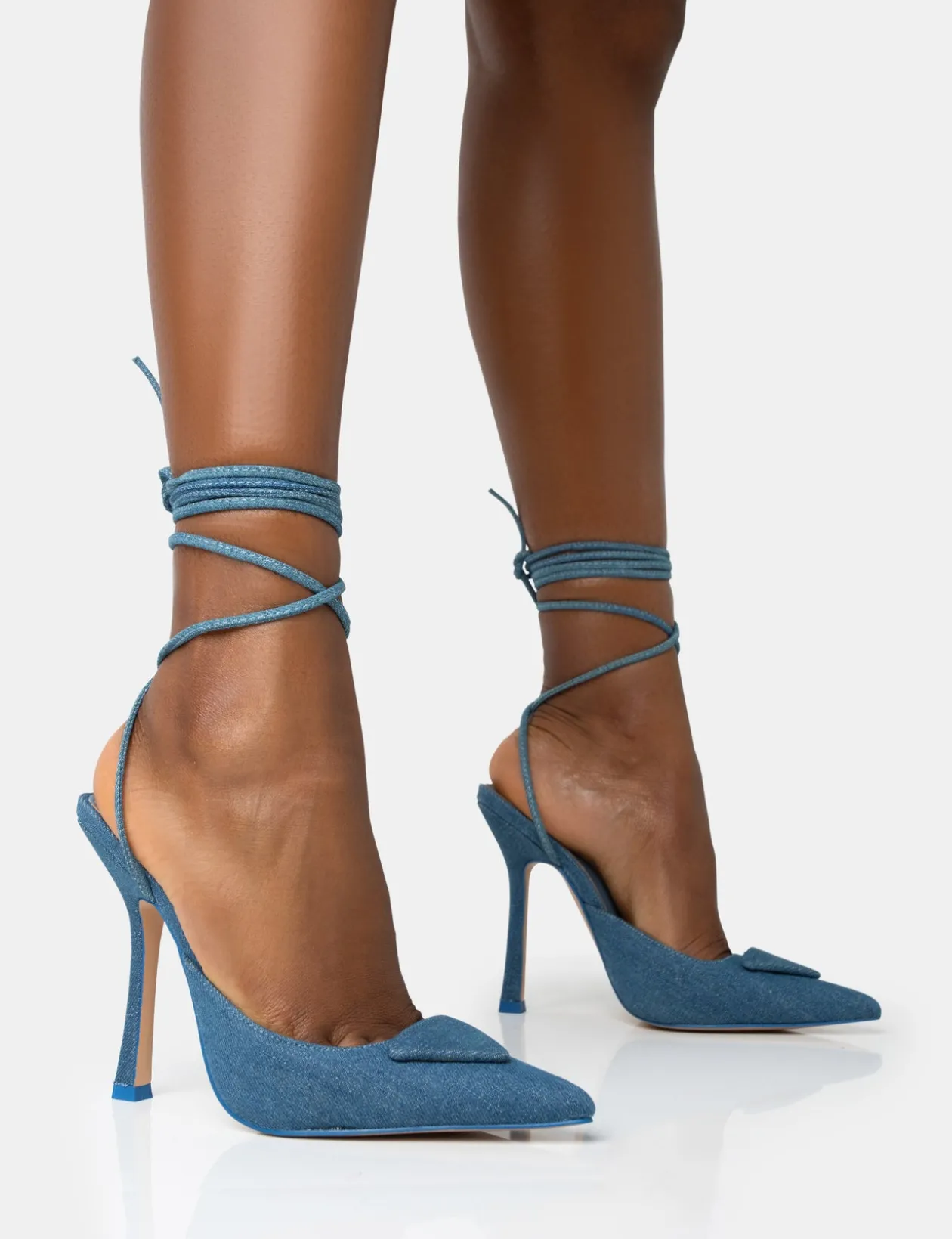 Public Desire Vada Denim Slingback Lace Up Pointed Toe Stiletto Heels | Women Court Heels