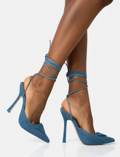 Public Desire Vada Denim Slingback Lace Up Pointed Toe Stiletto Heels | Women Court Heels