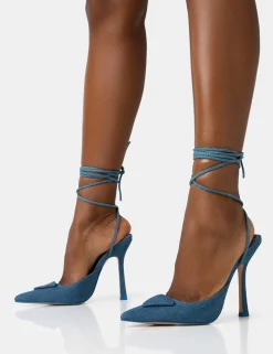 Public Desire Vada Denim Slingback Lace Up Pointed Toe Stiletto Heels | Women Court Heels