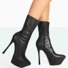 Public Desire Vegas Black Grain Pointed Stiletto Platform Heeled Ankle Boots | Women Heeled Boots