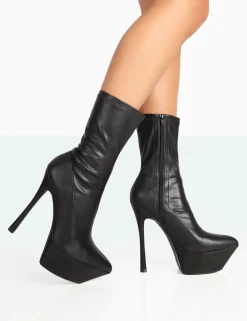Public Desire Vegas Black Grain Pointed Stiletto Platform Heeled Ankle Boots | Women Heeled Boots