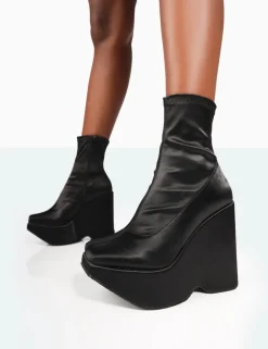 Public Desire Versus Black Satin Platform Sole Ankle Boots | Women Chunky Boots