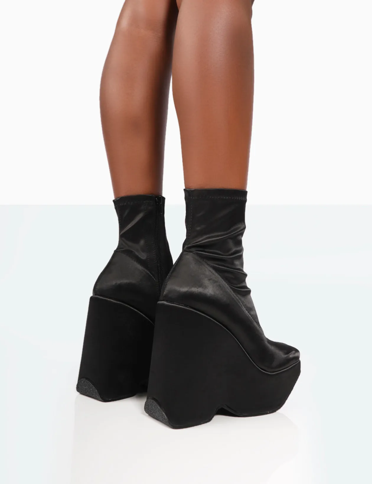 Public Desire Versus Black Satin Platform Sole Ankle Boots | Women Chunky Boots