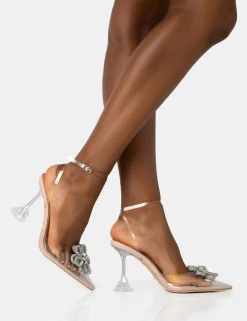 Public Desire Vibez Patent Diamante Flower Broach Strappy Perspex Cake Stand Pointed Toe Heels | Women Strappy Sandals