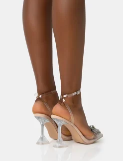 Public Desire Vibez Patent Diamante Flower Broach Strappy Perspex Cake Stand Pointed Toe Heels | Women Strappy Sandals