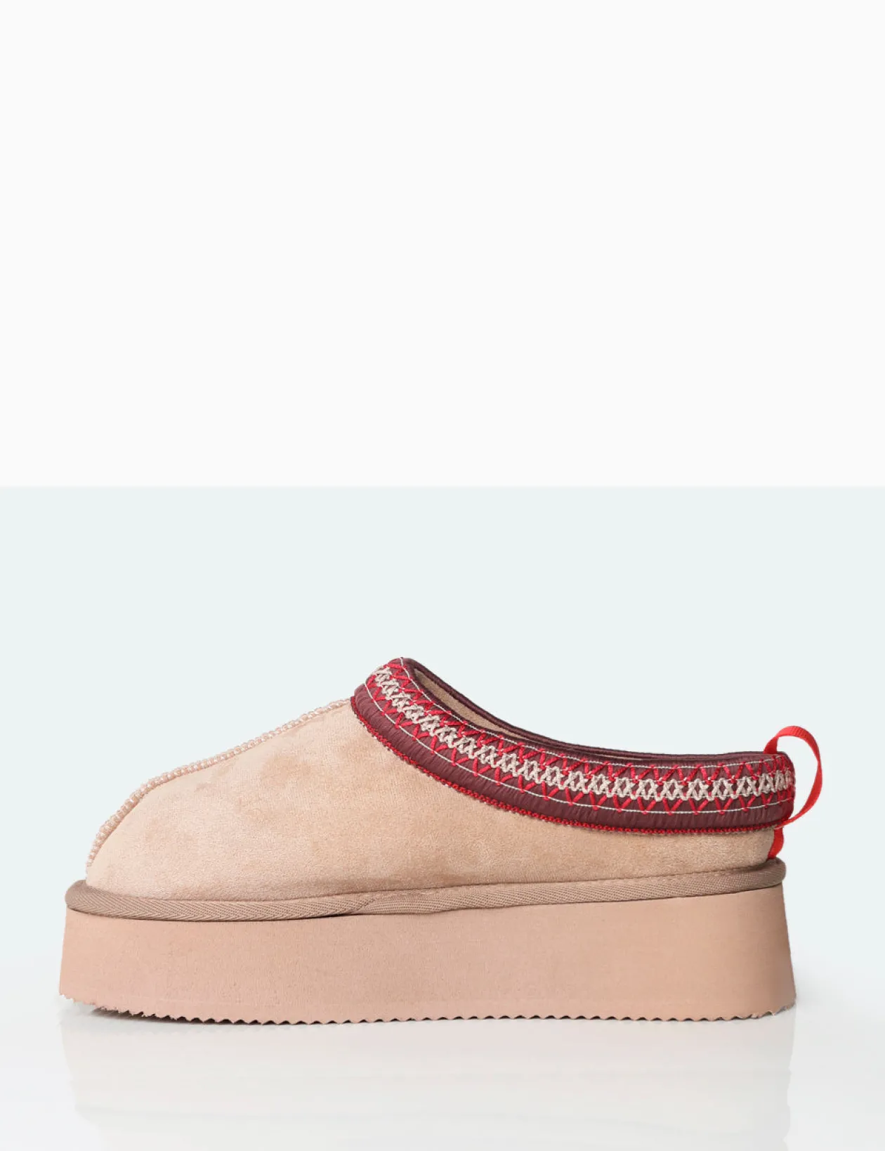Public Desire Vixon Beige Faux Suede Embroidered Slipper Platform Boots | Women Ultra Mini Boots