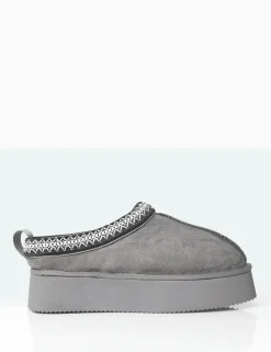 Public Desire Vixon Charcoal Grey Faux Suede Embroidered Slipper Platform Boots | Women Ultra Mini Boots