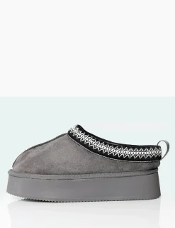 Public Desire Vixon Charcoal Grey Faux Suede Embroidered Slipper Platform Boots | Women Ultra Mini Boots