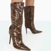 Public Desire Wanda Camel Zebra Pu Pointed Toe Stiletto Knee High Boots | Women Knee High Boots