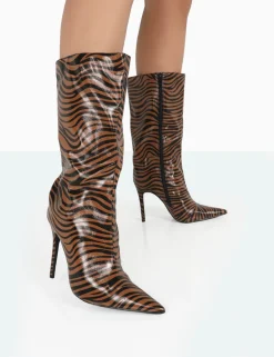 Public Desire Wanda Camel Zebra Pu Pointed Toe Stiletto Knee High Boots | Women Knee High Boots