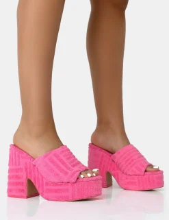 Public Desire Wavez Terry Towelling Round Toe Platform Block Heel Mules | Women Platform Heels