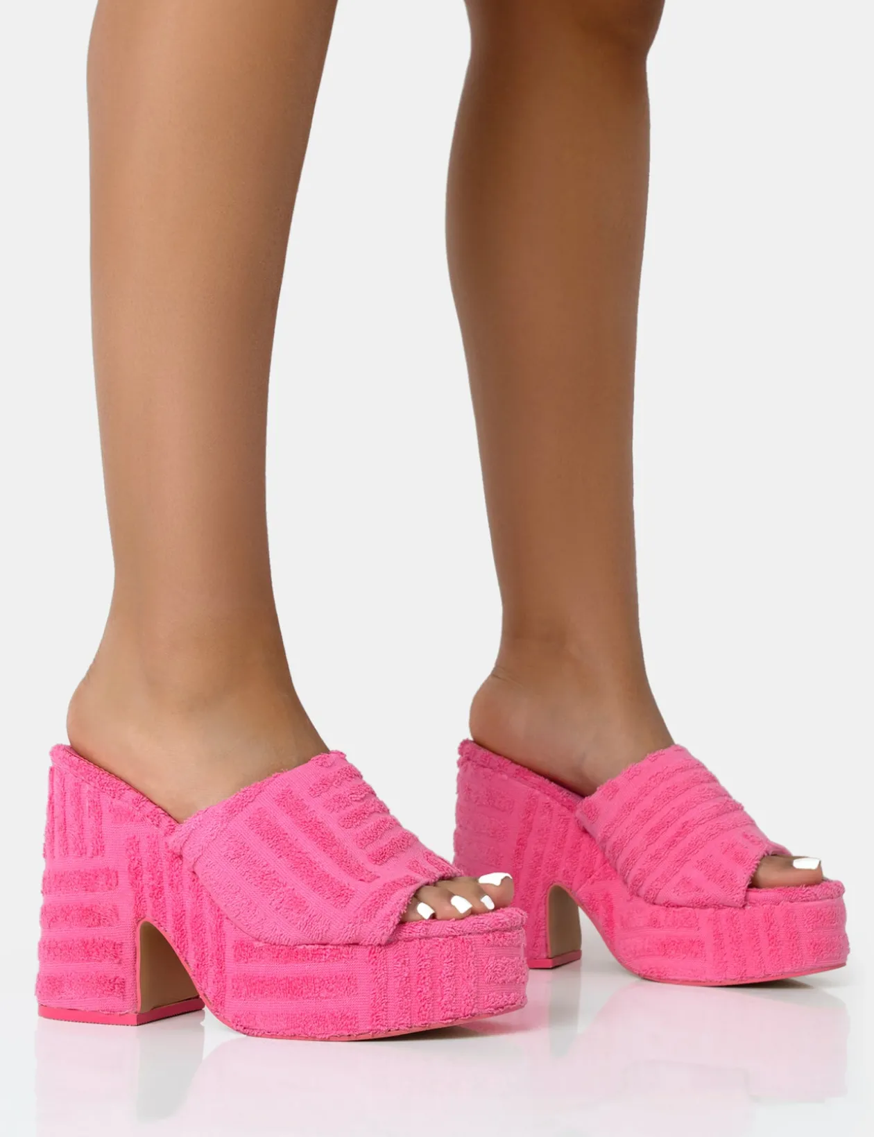Public Desire Wavez Terry Towelling Round Toe Platform Block Heel Mules | Women Platform Heels