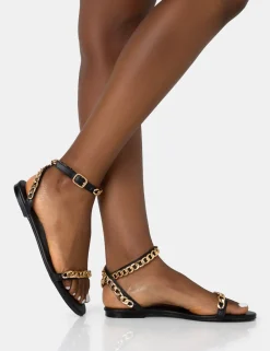 Public Desire Whisper Pu Chain Strap Flat Round Toe Sandals | Women Black Sandals