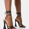 Public Desire Wiley Pu Strappy Lace Up Square Toe Sculptural Block Heels | Women Square Toe Heels
