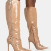 Public Desire Worthy Camel Croc Studded Zip Detail Pointed Toe Stiletto Knee High Boots | Women Knee High Boots