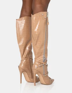 Public Desire Worthy Camel Croc Studded Zip Detail Pointed Toe Stiletto Knee High Boots | Women Knee High Boots