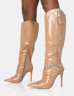 Public Desire Worthy Camel Croc Studded Zip Detail Pointed Toe Stiletto Knee High Boots | Women Knee High Boots