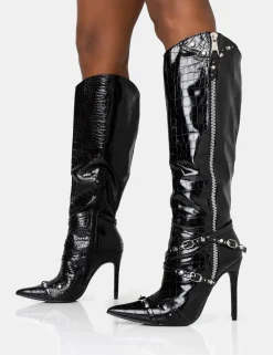 Public Desire Worthy Croc Studded Zip Detail Pointed Toe Stiletto Knee High Boots | Women Knee High Boots