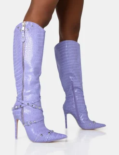 Public Desire Worthy Croc Studded Zip Detail Pointed Toe Stiletto Knee High Boots | Women Knee High Boots