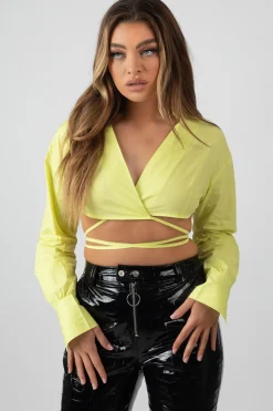 Public Desire Wrap Poplin Cropped Shirt Lime | Women Tops