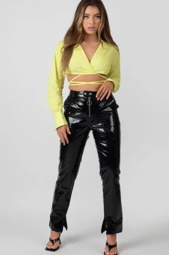 Public Desire Wrap Poplin Cropped Shirt Lime | Women Tops