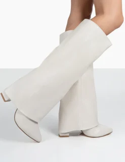 Public Desire Zendaya Ecru Pointed Toe Knee High Block Boots | Women Knee High Boots