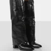 Public Desire Zendaya Patent Croc Pointed Toe Knee High Block Boots | Women Knee High Boots